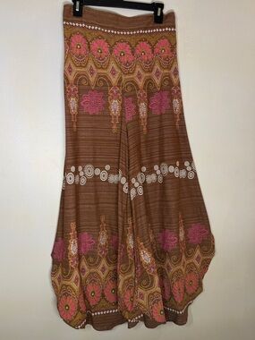Boho Floral Brown Wide leg Pants with Pink Detail